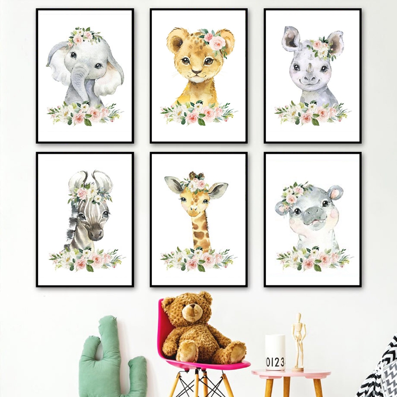 Baby Nursery Animal Pictures - Floral Jungle Animals Canvas Prints Nursery