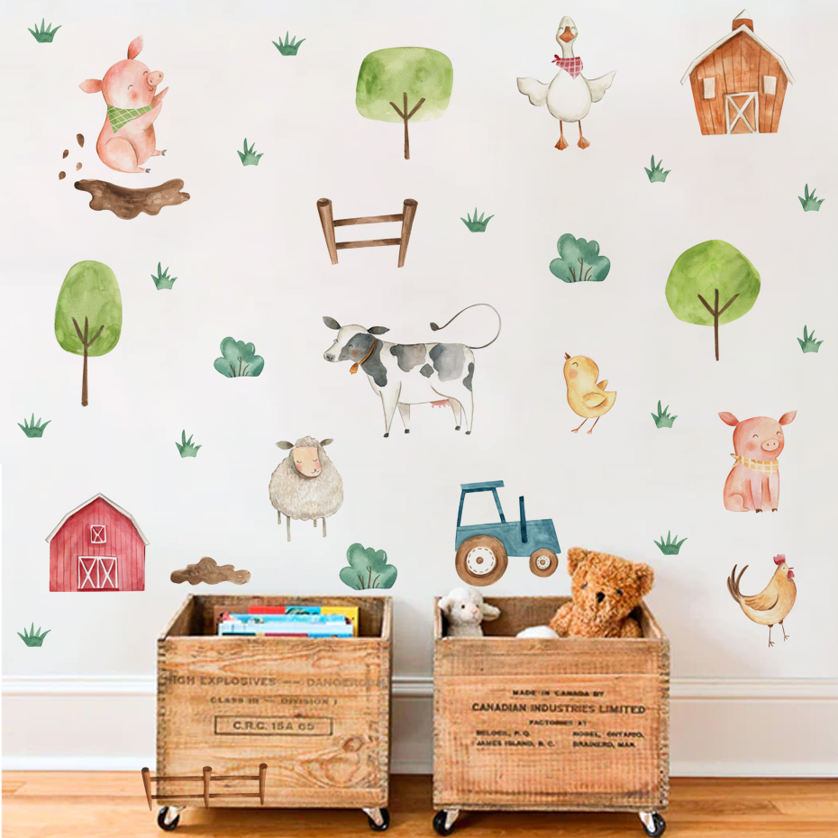 Baby Nursery Wall Mural - Boho Watercolor Cute Farm Animals Pig