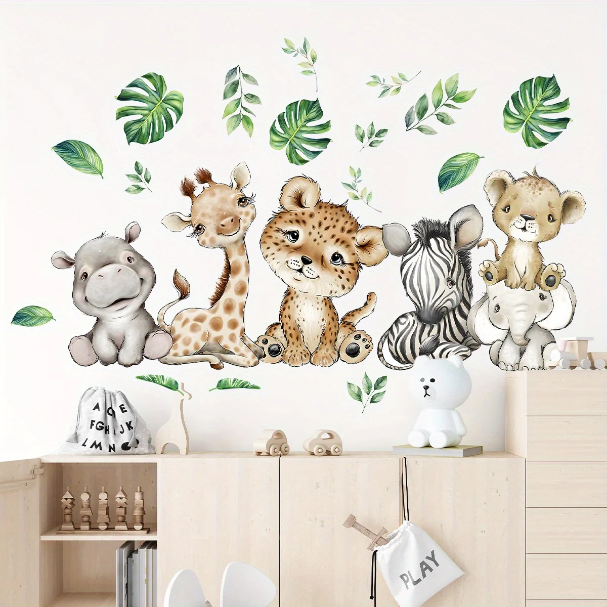 Baby Nursery Wall Mural - 1PC Cartoon Cute Hippo Tiger Elephant