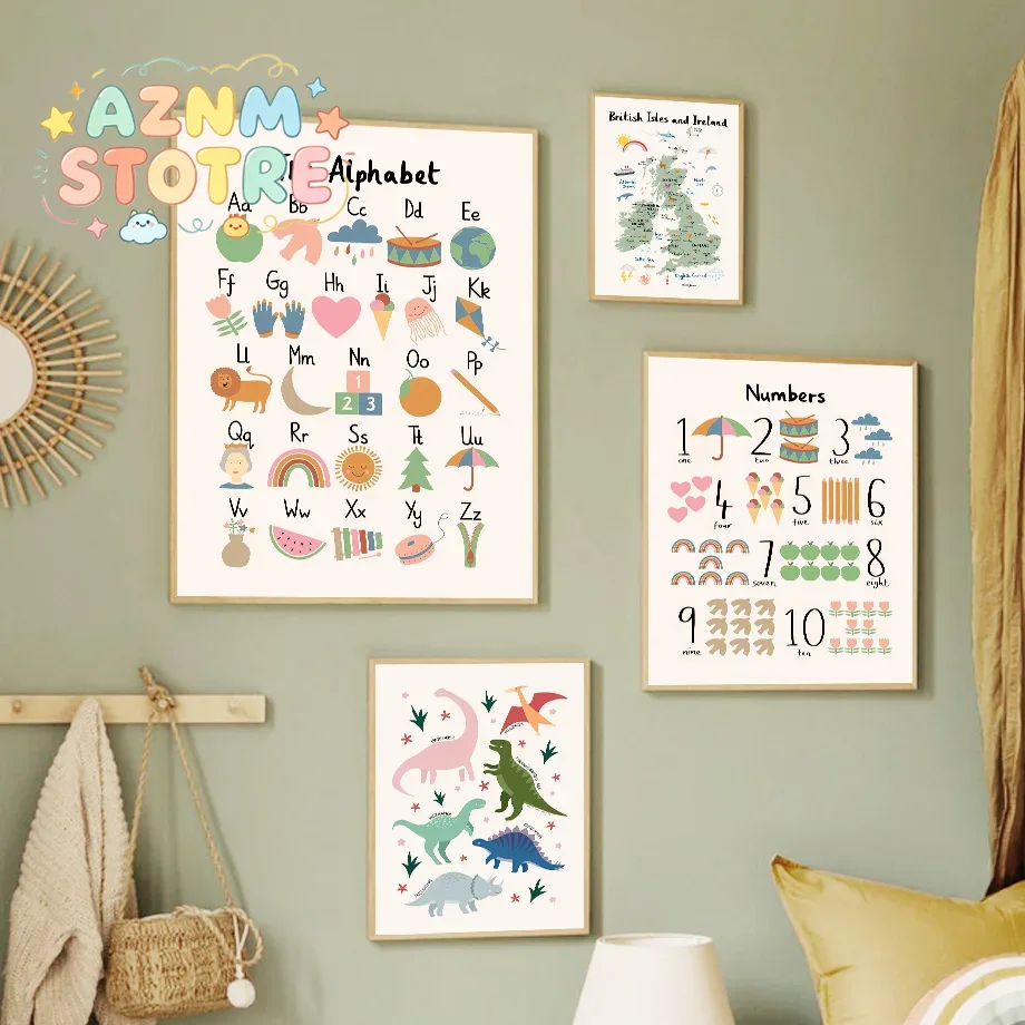 Baby Nursery Animal Pictures - Animal World Map Dinosaur Alphabet Number