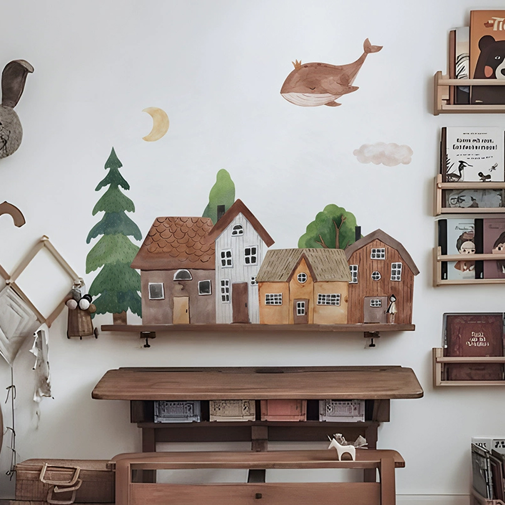 Baby Nursery Wall Mural - Fabric Cartoon Forest Vintage Town Wall