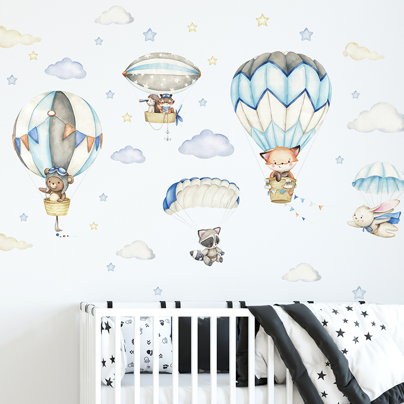 Cartoon Cute Animals Hot Air B - đánh giá và giá Baby Nursery Wall Mural
