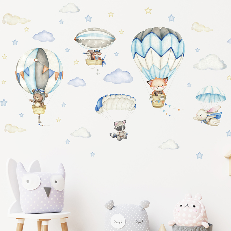 Cartoon Cute Animals Hot Air B - đánh giá và giá Baby Nursery Wall Mural